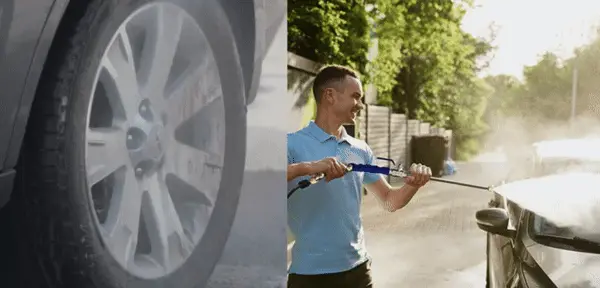 Collage, left gif car rim being washed, right, man washing car with TurboJet Wash
